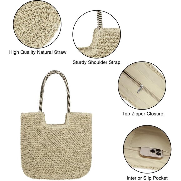 Women's B-beige Large Straw Beach Bag Handmade Woven Shoulder Hobo Tote Handbag - Picture 2 of 5